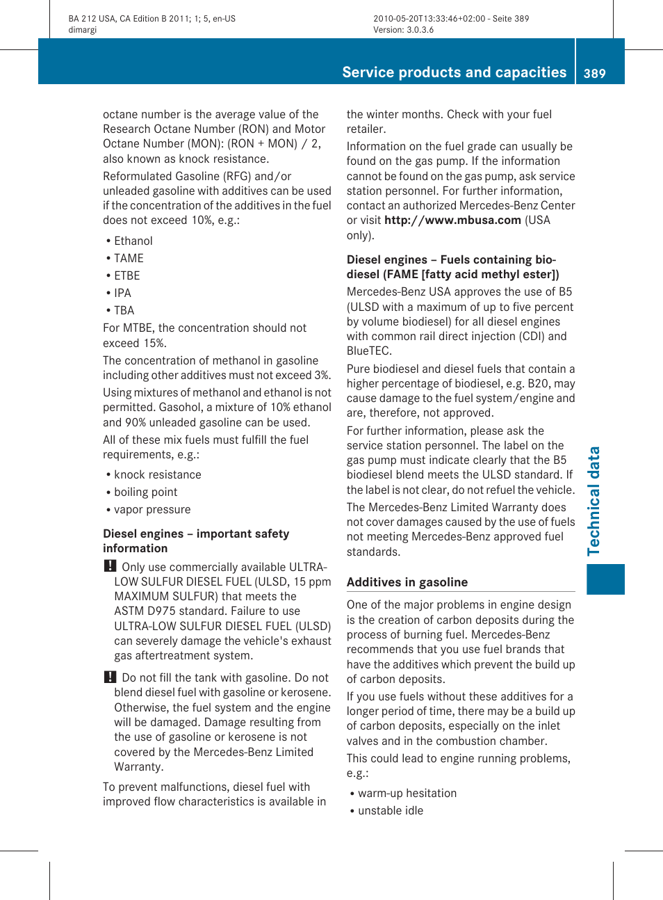 Technical data, Service products and capacities | Mercedes-Benz 2011 E Class Sedan User Manual | Page 391 / 400