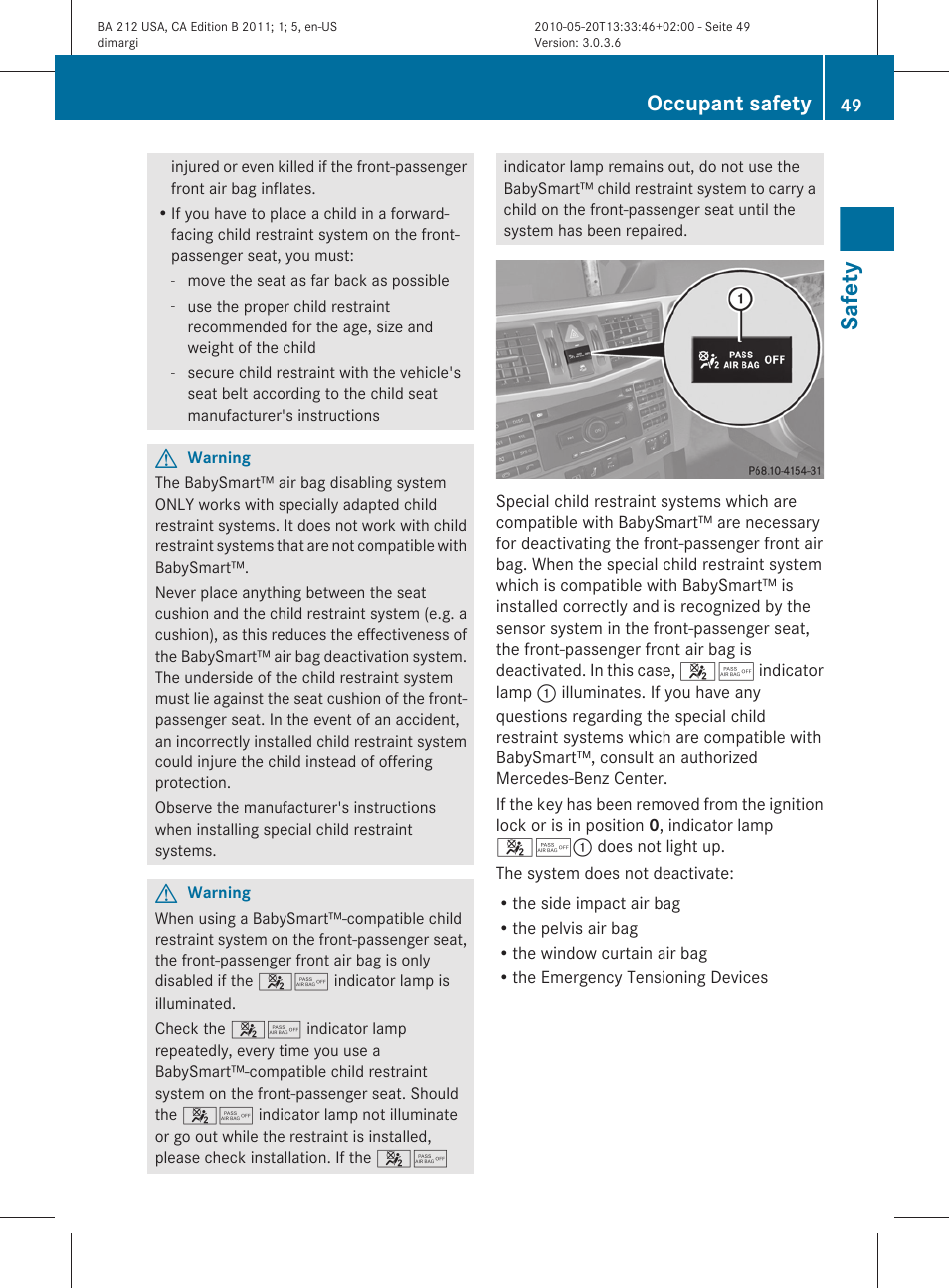 Safety, Occupant safety | Mercedes-Benz 2011 E Class Sedan User Manual | Page 51 / 400