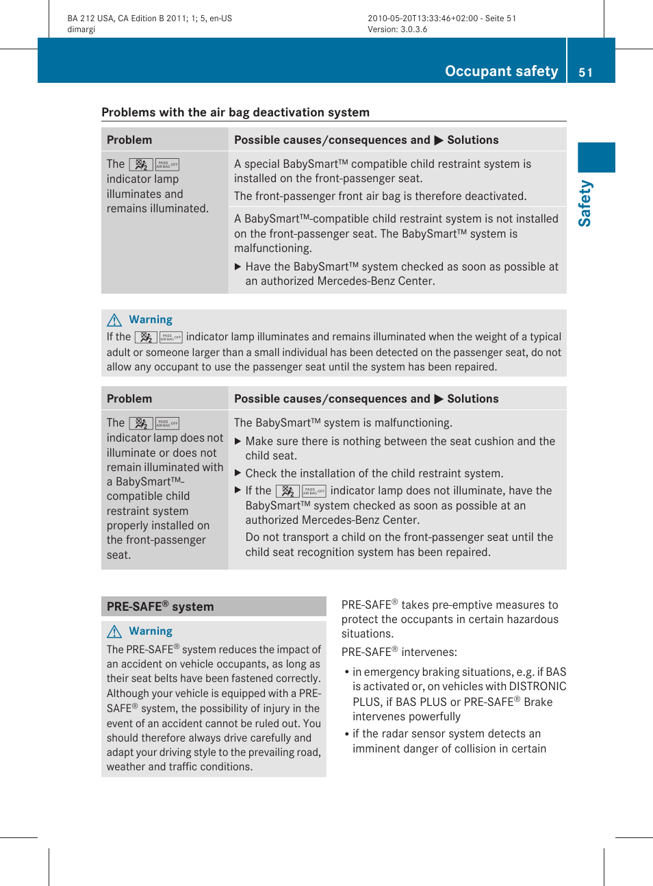 Pre-safe® system, Safety, Occupant safety | Mercedes-Benz 2011 E Class Sedan User Manual | Page 53 / 400