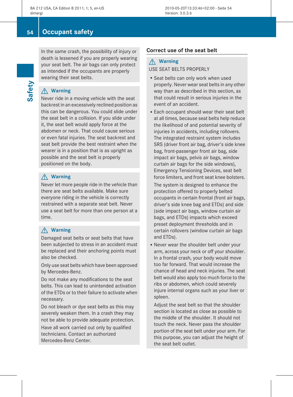 Safety, Occupant safety | Mercedes-Benz 2011 E Class Sedan User Manual | Page 56 / 400