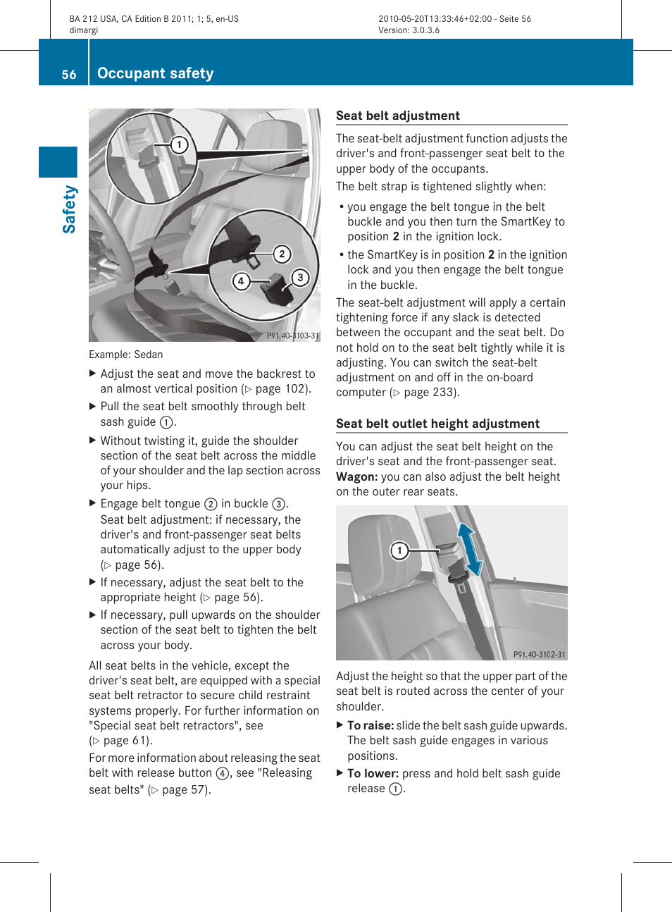 Section, Safety, Occupant safety | Mercedes-Benz 2011 E Class Sedan User Manual | Page 58 / 400