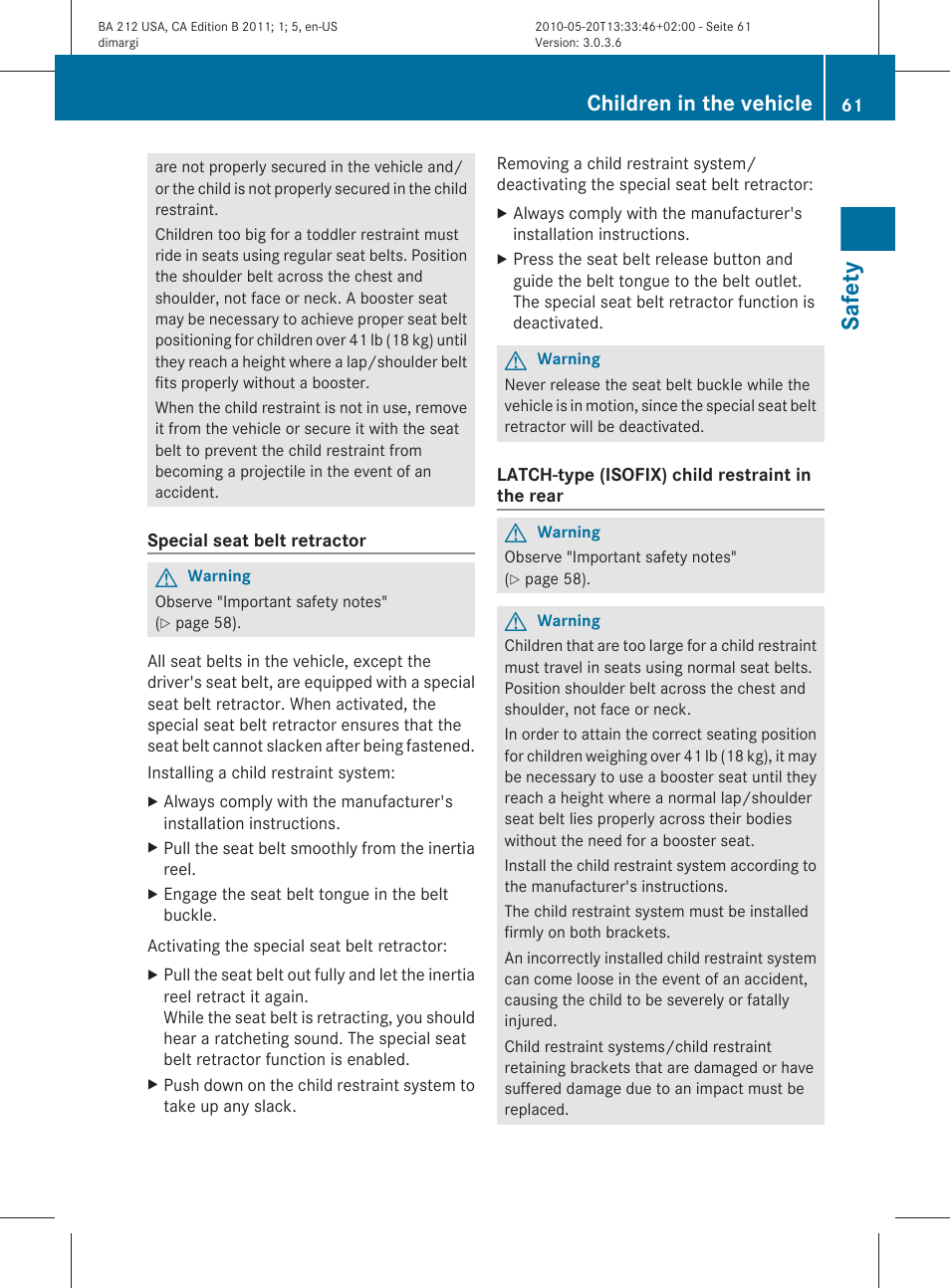 Safety, Children in the vehicle | Mercedes-Benz 2011 E Class Sedan User Manual | Page 63 / 400