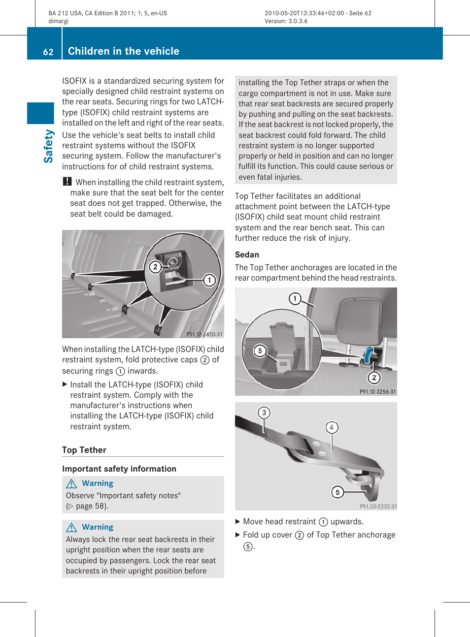 Safety, Children in the vehicle | Mercedes-Benz 2011 E Class Sedan User Manual | Page 64 / 400