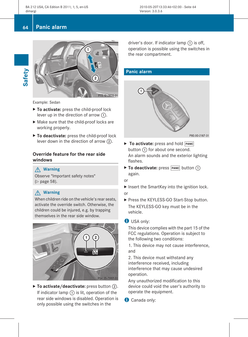 Panic alarm, Safety | Mercedes-Benz 2011 E Class Sedan User Manual | Page 66 / 400