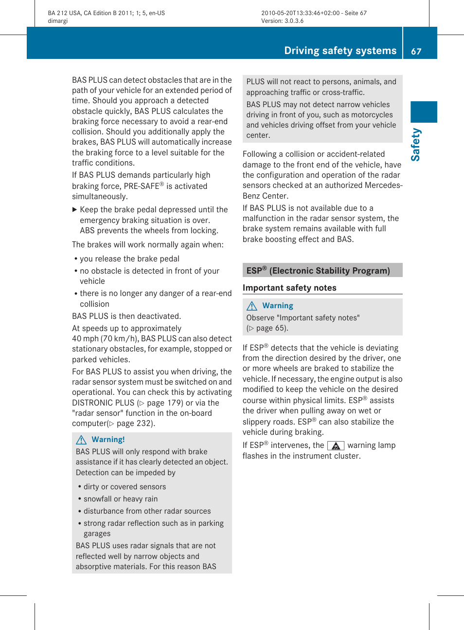 Esp® (electronic stability program), Safety, Driving safety systems | Mercedes-Benz 2011 E Class Sedan User Manual | Page 69 / 400