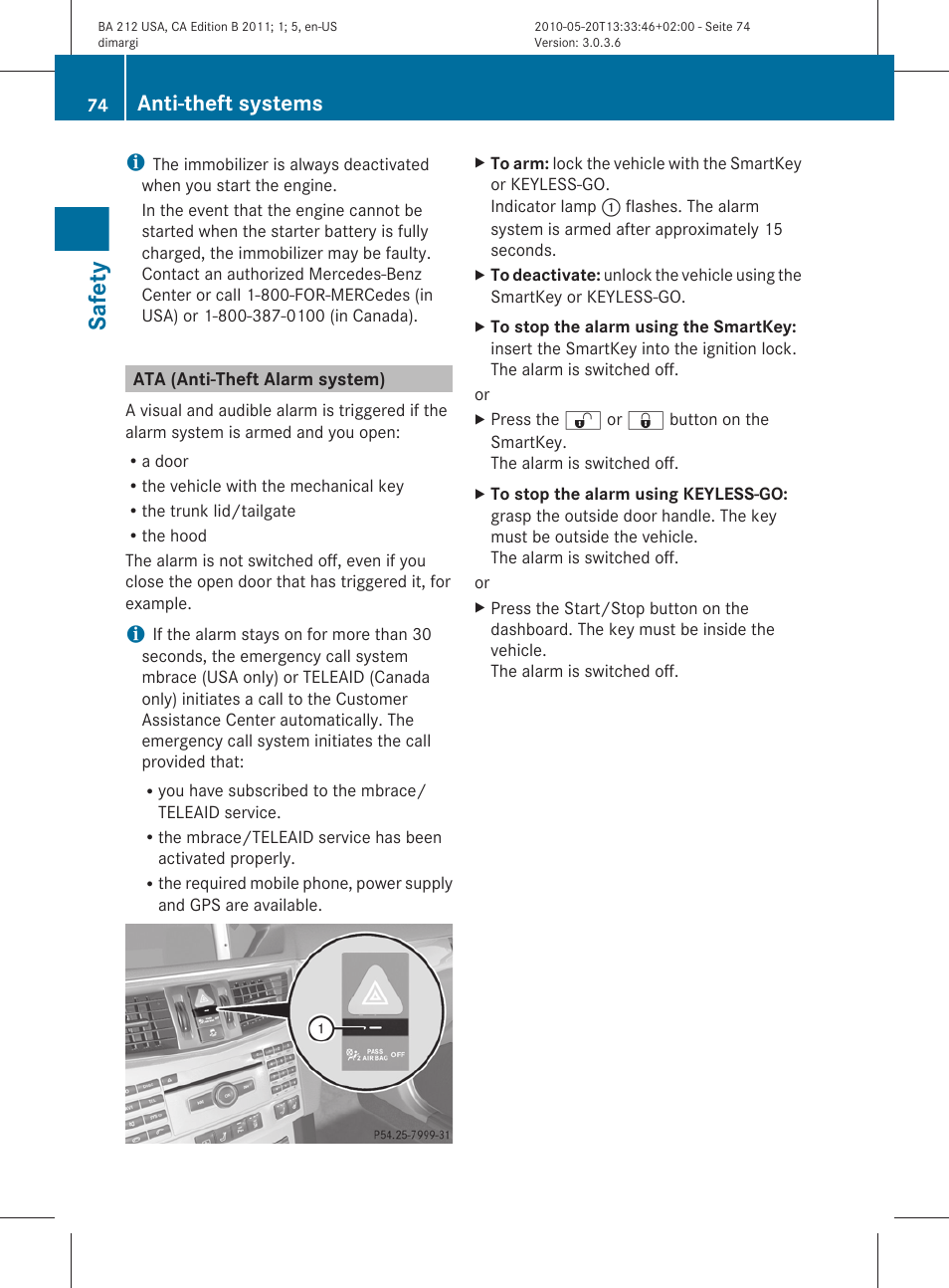 Ata (anti-theft alarm system), Safety, Anti-theft systems | Mercedes-Benz 2011 E Class Sedan User Manual | Page 76 / 400