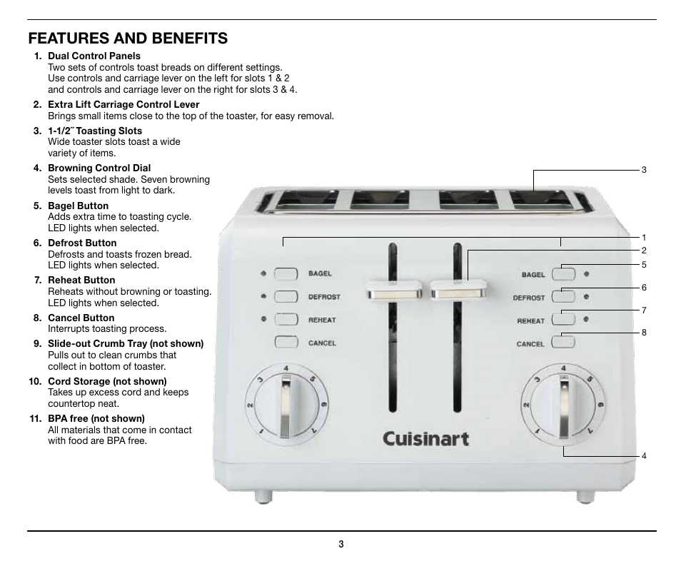 Features and benefits | Cuisinart Compact 4-Slice Toaster CPT-142 User Manual | Page 3 / 8