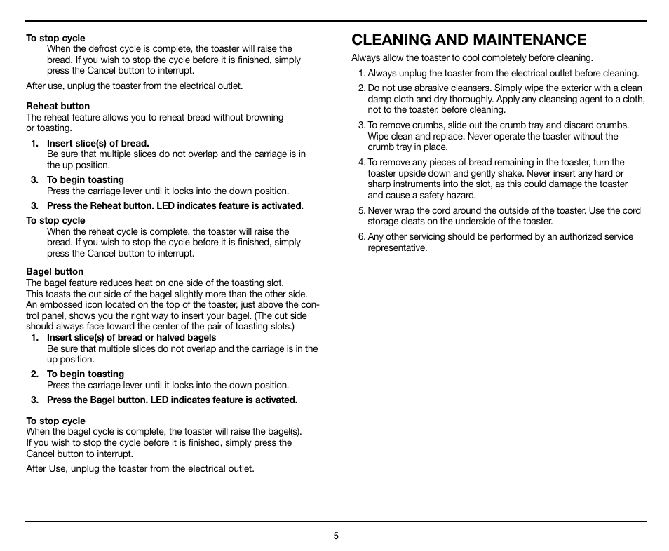 Cleaning and maintenance | Cuisinart Compact 4-Slice Toaster CPT-142 User Manual | Page 5 / 8