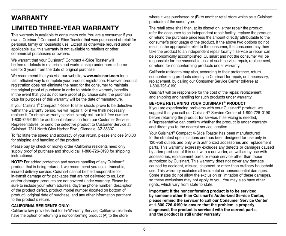 Warranty limited three-year warranty | Cuisinart Compact 4-Slice Toaster CPT-142 User Manual | Page 6 / 8