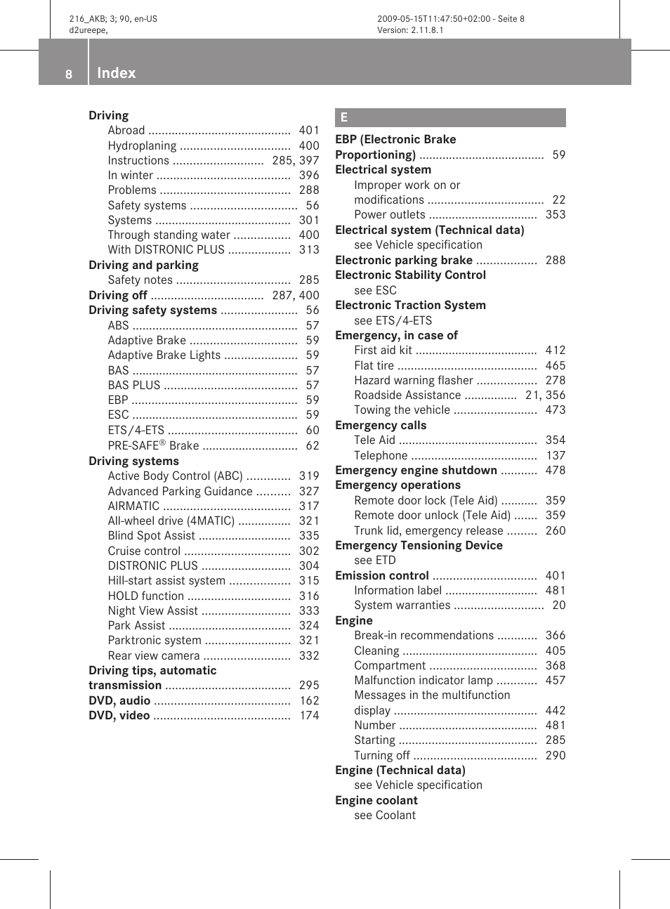 Index | Mercedes-Benz 2010 CL Class User Manual | Page 10 / 500