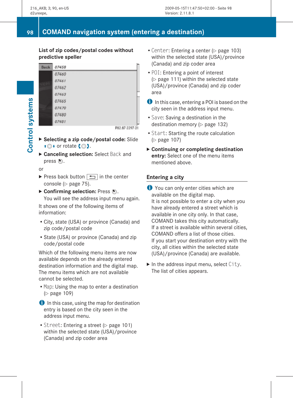 Control systems, Comand navigation system (entering a destination) | Mercedes-Benz 2010 CL Class User Manual | Page 100 / 500