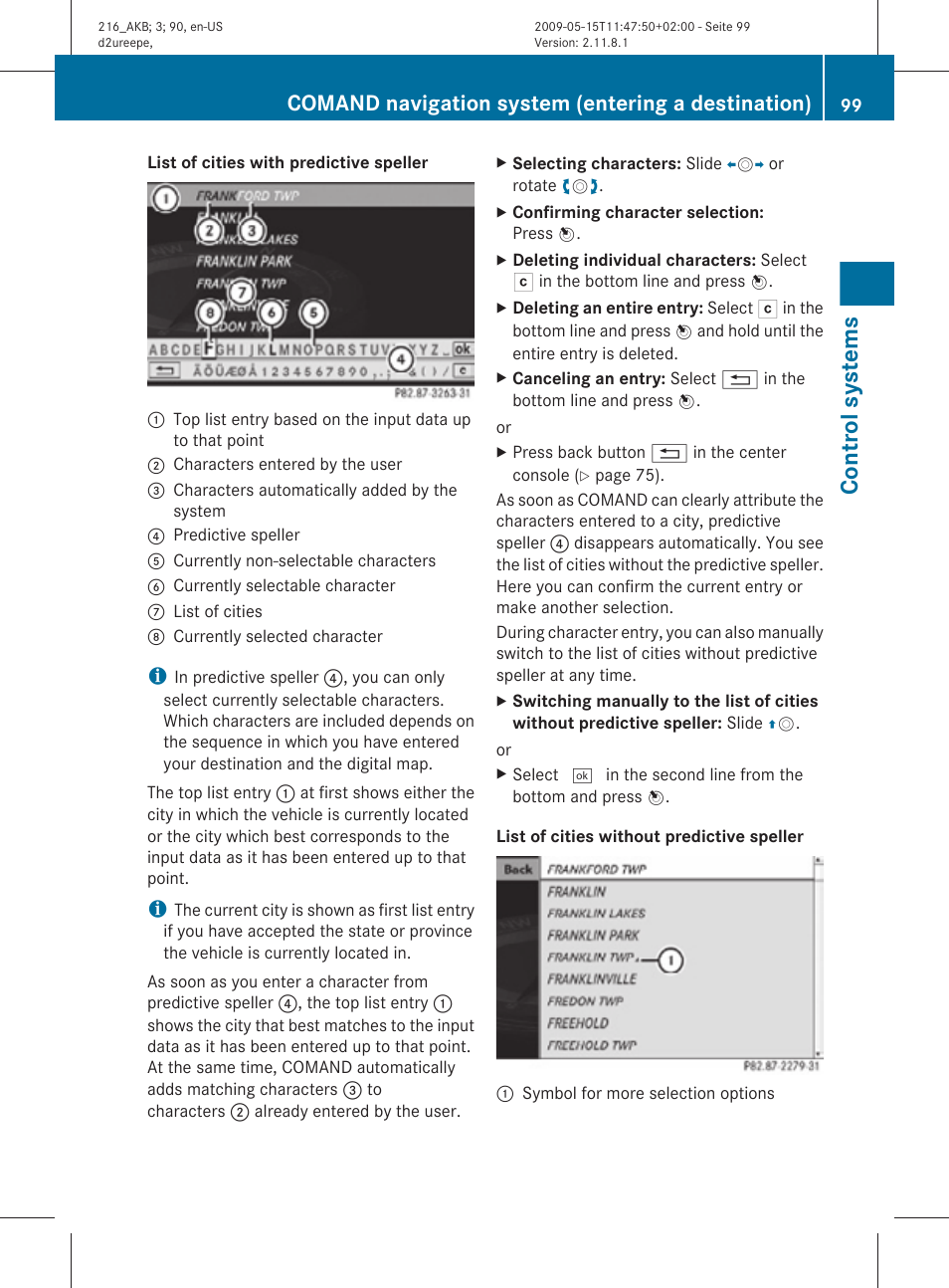 Control systems, Comand navigation system (entering a destination) | Mercedes-Benz 2010 CL Class User Manual | Page 101 / 500