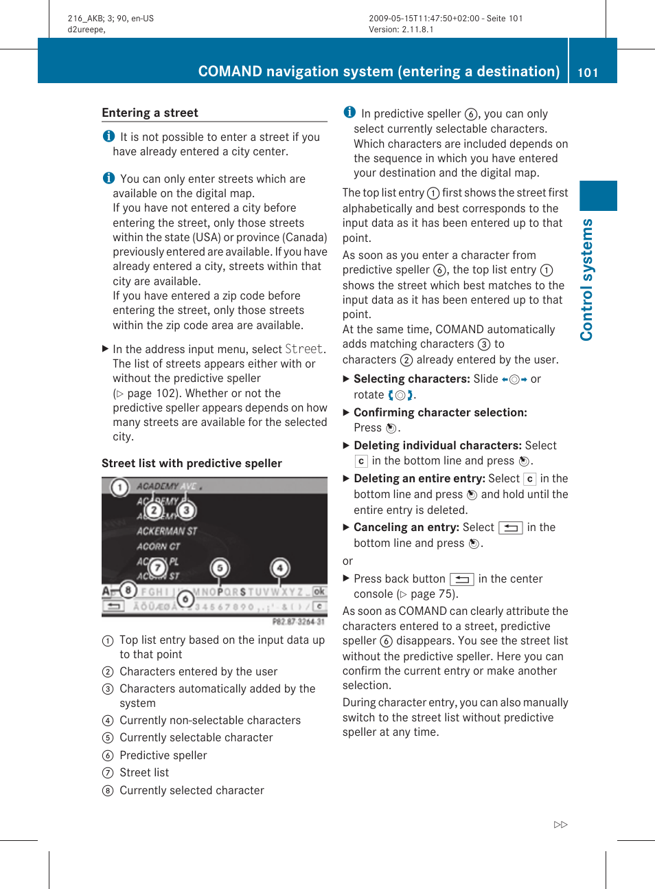 Entering a street, Control systems, Comand navigation system (entering a destination) | Mercedes-Benz 2010 CL Class User Manual | Page 103 / 500