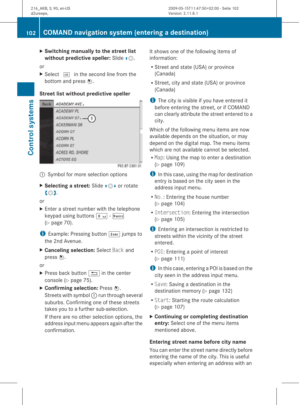 Control systems, Comand navigation system (entering a destination) | Mercedes-Benz 2010 CL Class User Manual | Page 104 / 500