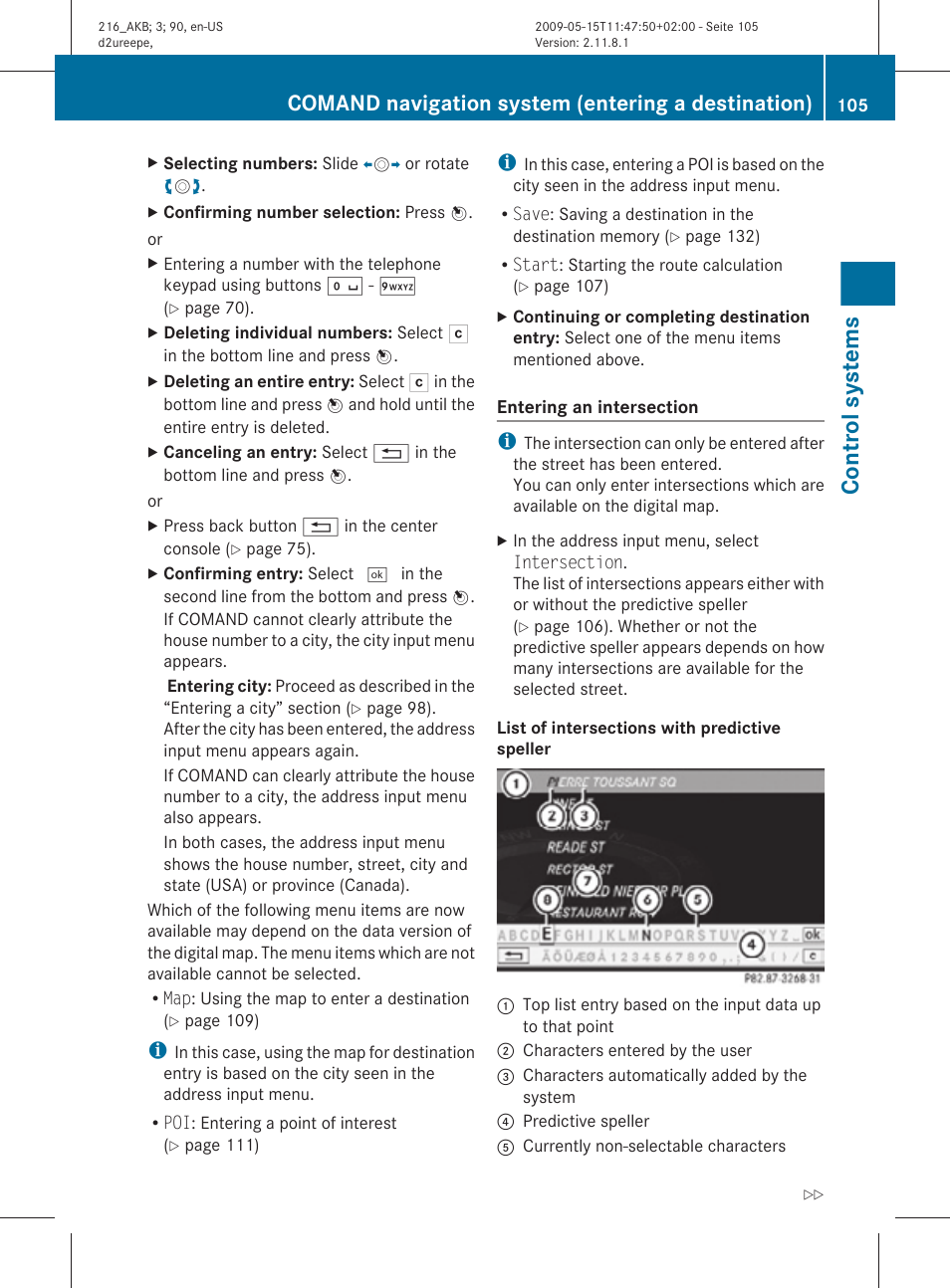 Control systems, Comand navigation system (entering a destination) | Mercedes-Benz 2010 CL Class User Manual | Page 107 / 500