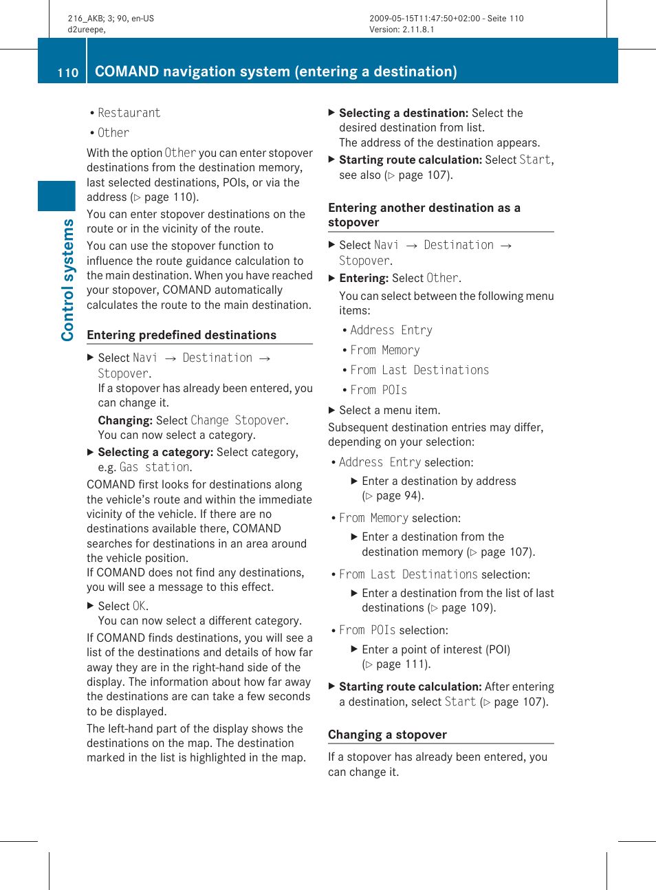 Control systems, Comand navigation system (entering a destination) | Mercedes-Benz 2010 CL Class User Manual | Page 112 / 500