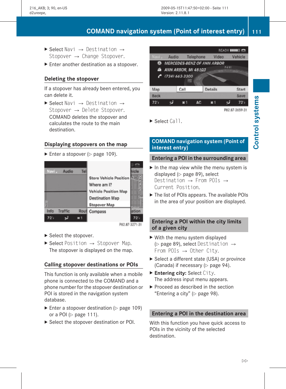 Comand navigation system (point of interest entry), Entering a poi in the surrounding area, Entering a poi in the destination area | Control systems | Mercedes-Benz 2010 CL Class User Manual | Page 113 / 500