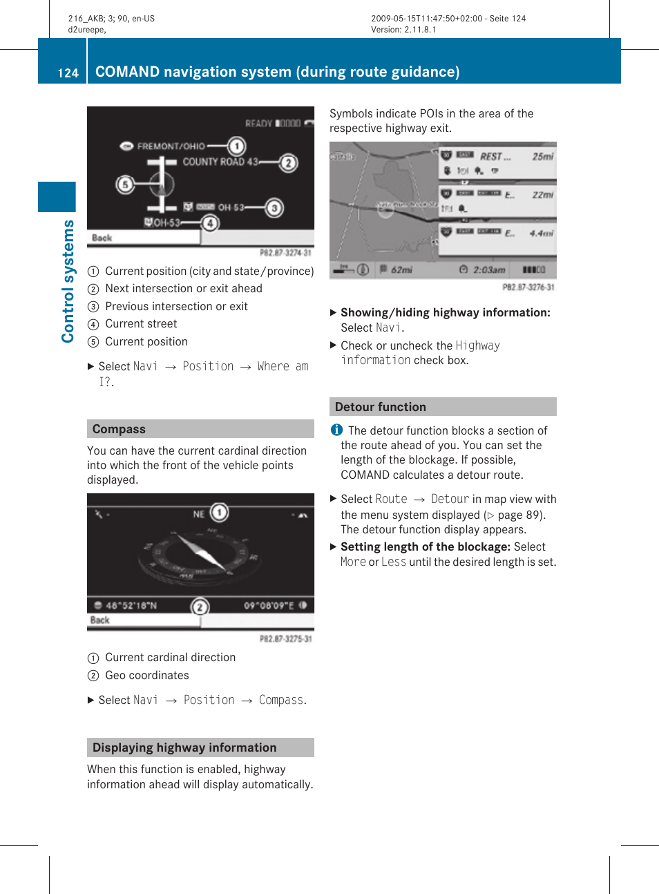 Compass, Displaying highway information, Detour function | Control systems, Comand navigation system (during route guidance) | Mercedes-Benz 2010 CL Class User Manual | Page 126 / 500