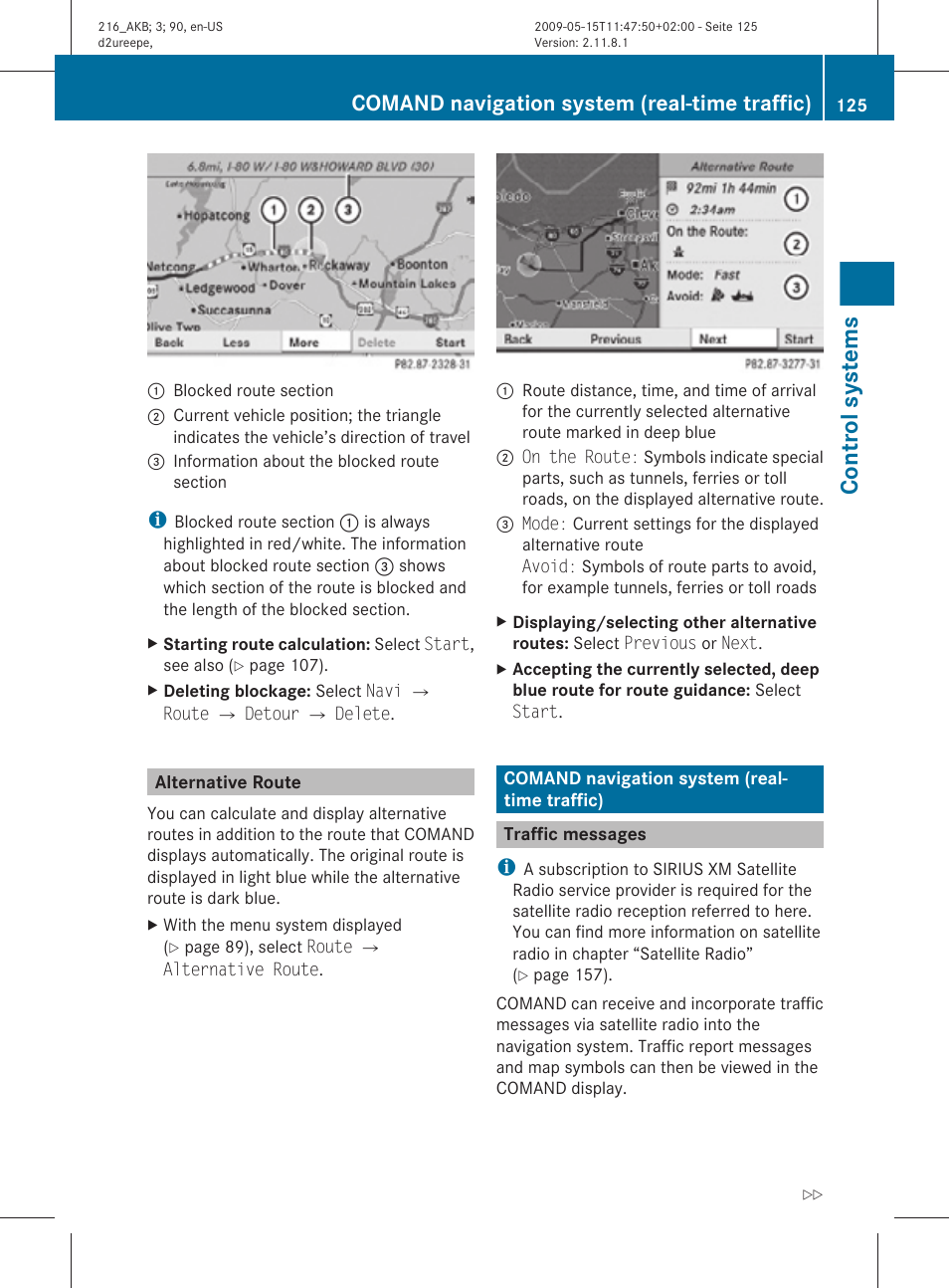 Alternative route, Comand navigation system (real-time traffic), Traffic messages | Control systems | Mercedes-Benz 2010 CL Class User Manual | Page 127 / 500