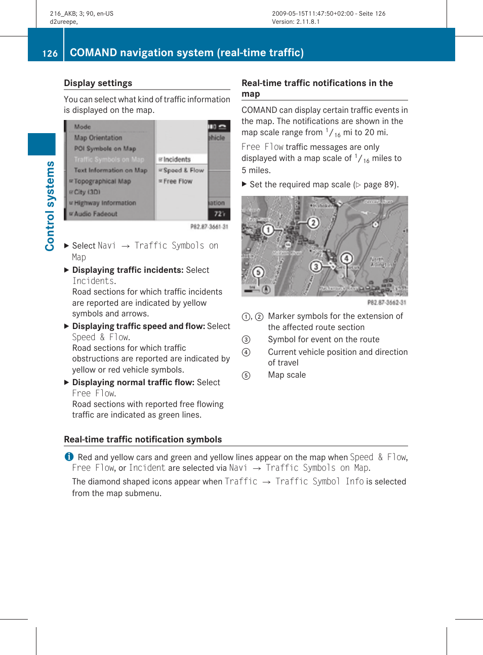 Control systems, Comand navigation system (real-time traffic) | Mercedes-Benz 2010 CL Class User Manual | Page 128 / 500