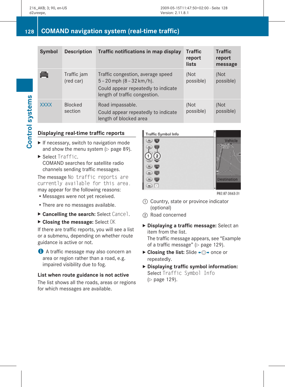 Control systems, Comand navigation system (real-time traffic) | Mercedes-Benz 2010 CL Class User Manual | Page 130 / 500