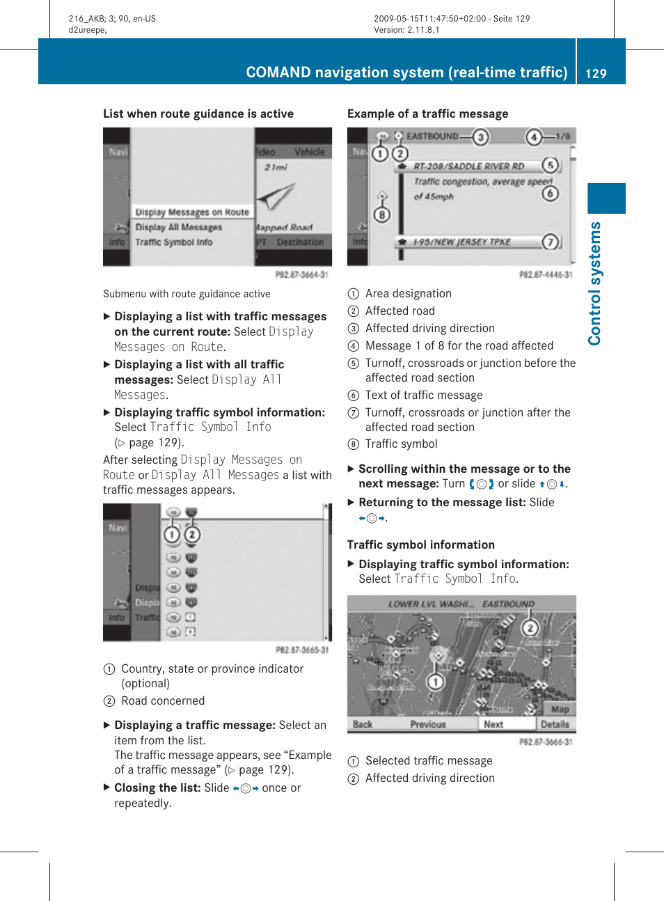 Of a traffic message, Control systems, Comand navigation system (real-time traffic) | Mercedes-Benz 2010 CL Class User Manual | Page 131 / 500