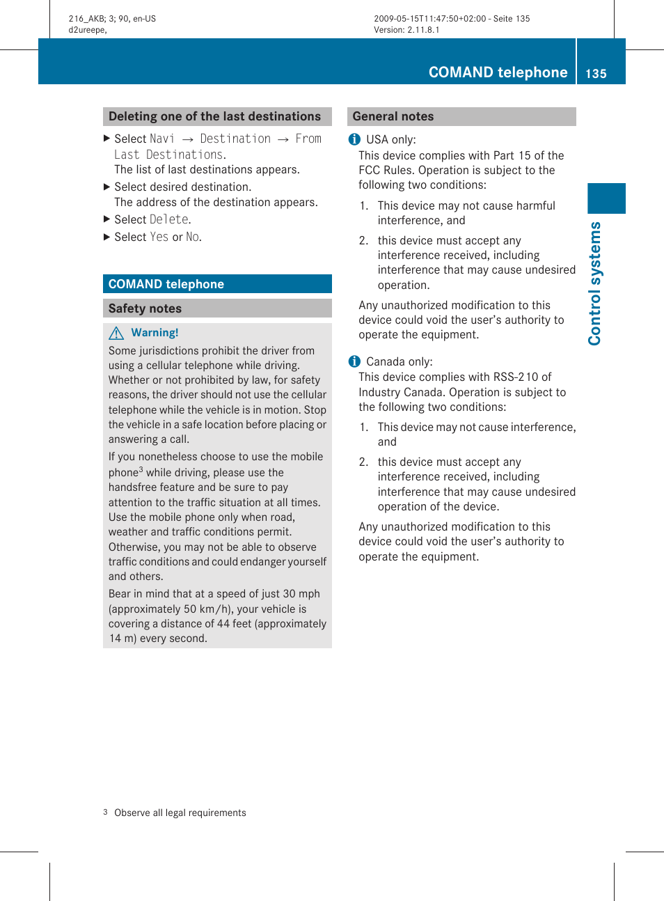 Deleting one of the last destinations, Comand telephone, Safety notes | General notes, Telephone, Control systems | Mercedes-Benz 2010 CL Class User Manual | Page 137 / 500