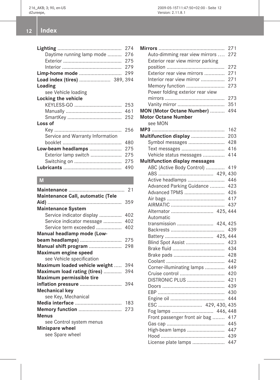 Index | Mercedes-Benz 2010 CL Class User Manual | Page 14 / 500