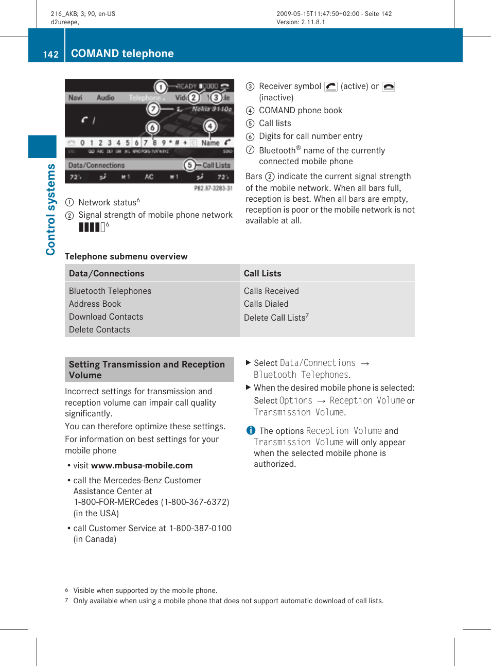 Setting transmission and reception volume, Control systems, Comand telephone | Mercedes-Benz 2010 CL Class User Manual | Page 144 / 500