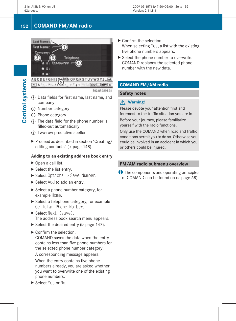 Comand fm/am radio, Safety notes, Fm/am radio submenu overview | Control systems | Mercedes-Benz 2010 CL Class User Manual | Page 154 / 500