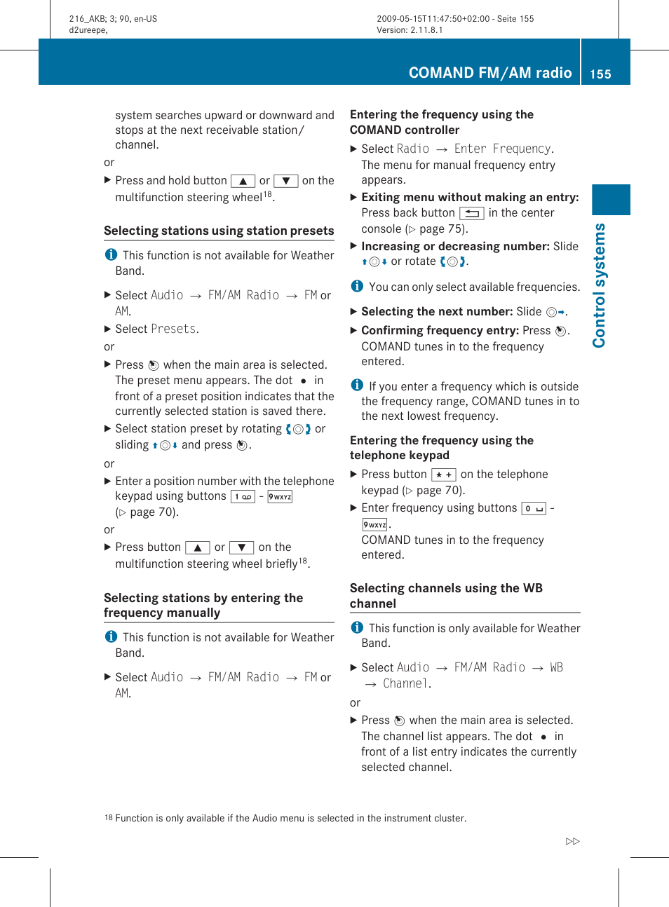 Frequency manually, Control systems, Comand fm/am radio | Mercedes-Benz 2010 CL Class User Manual | Page 157 / 500