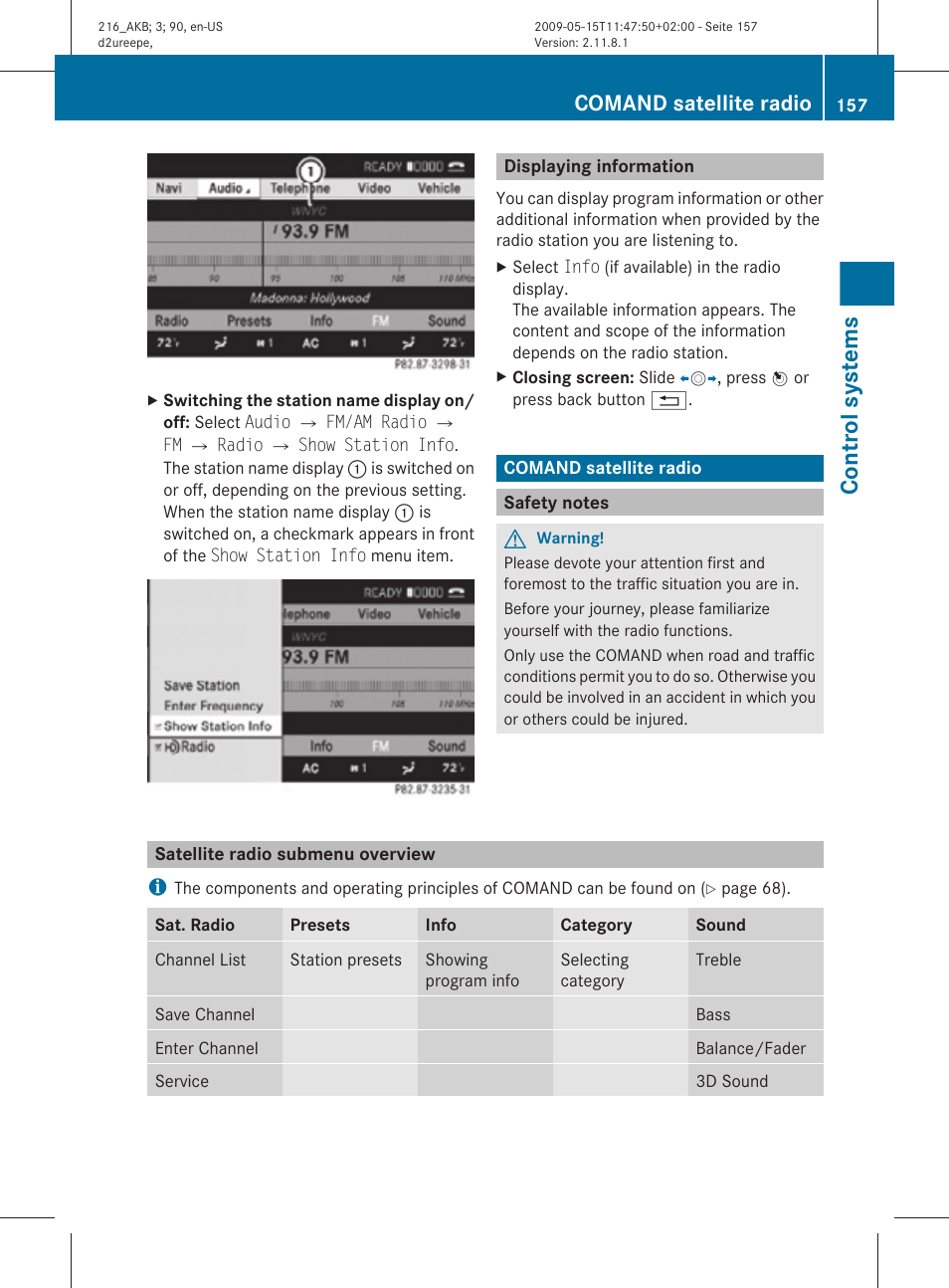 Displaying information, Comand satellite radio, Safety notes | Satellite radio submenu overview, Control systems | Mercedes-Benz 2010 CL Class User Manual | Page 159 / 500