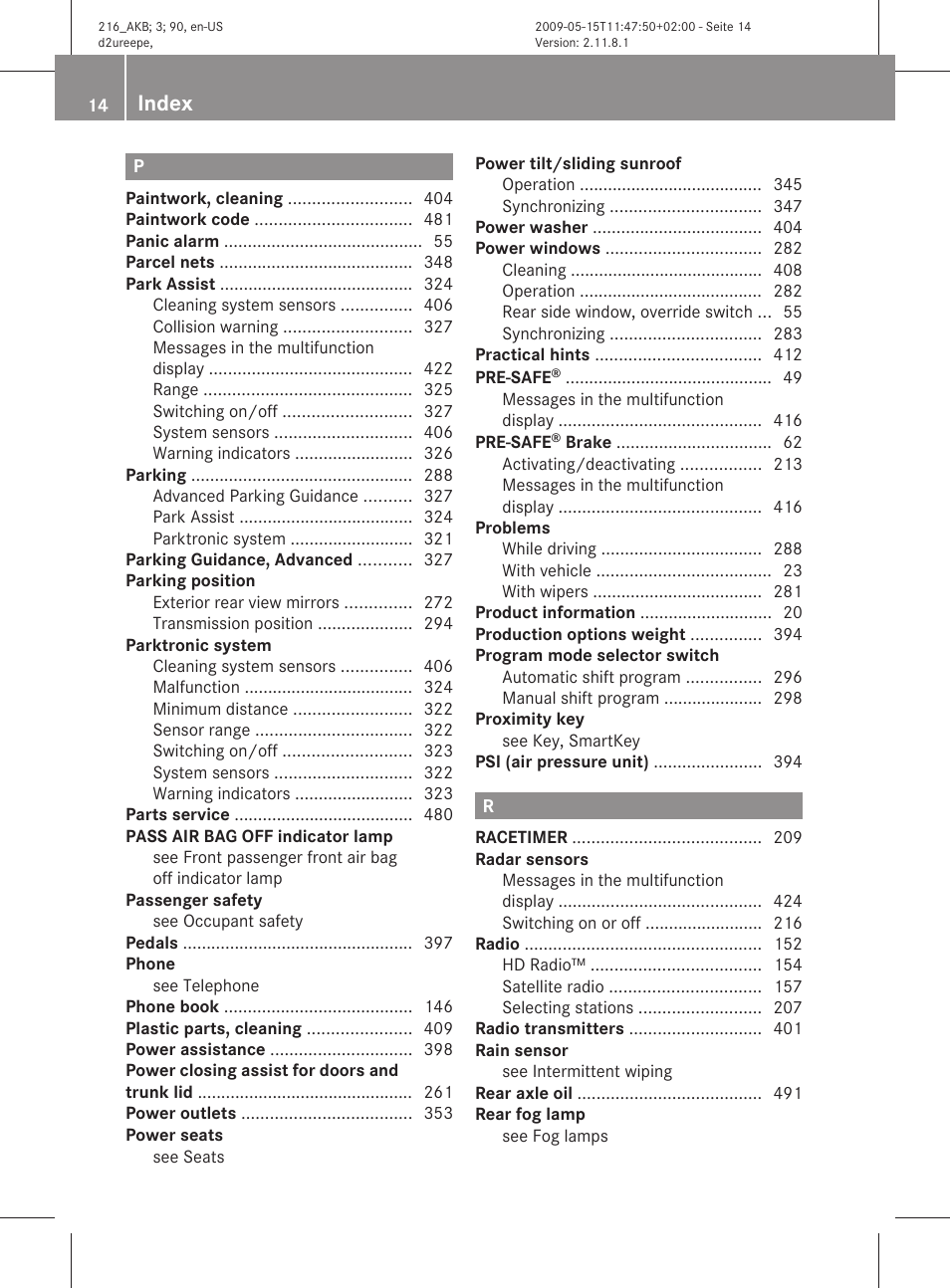 Index | Mercedes-Benz 2010 CL Class User Manual | Page 16 / 500