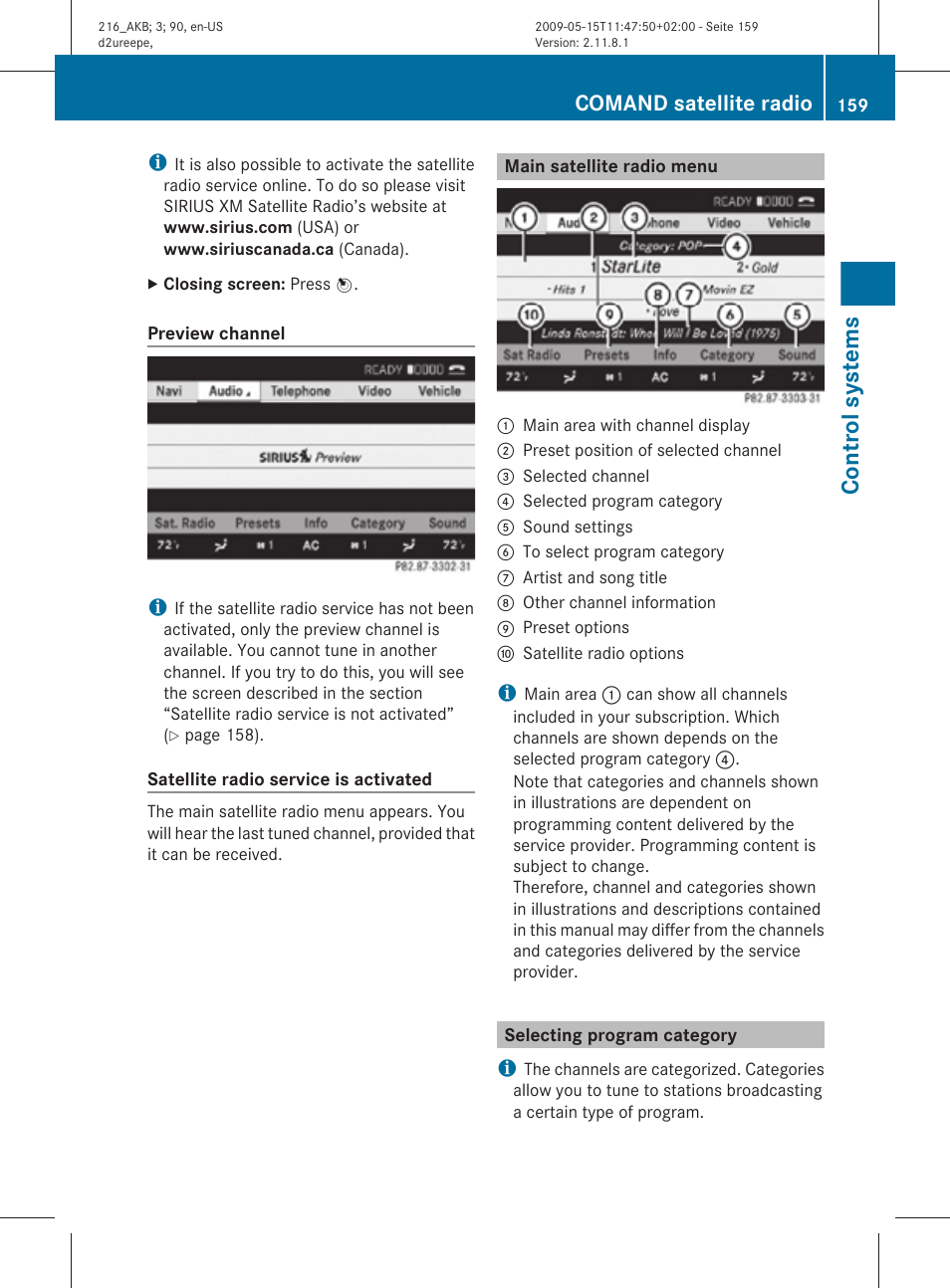 Main satellite radio menu, Selecting program category, Control systems | Comand satellite radio | Mercedes-Benz 2010 CL Class User Manual | Page 161 / 500