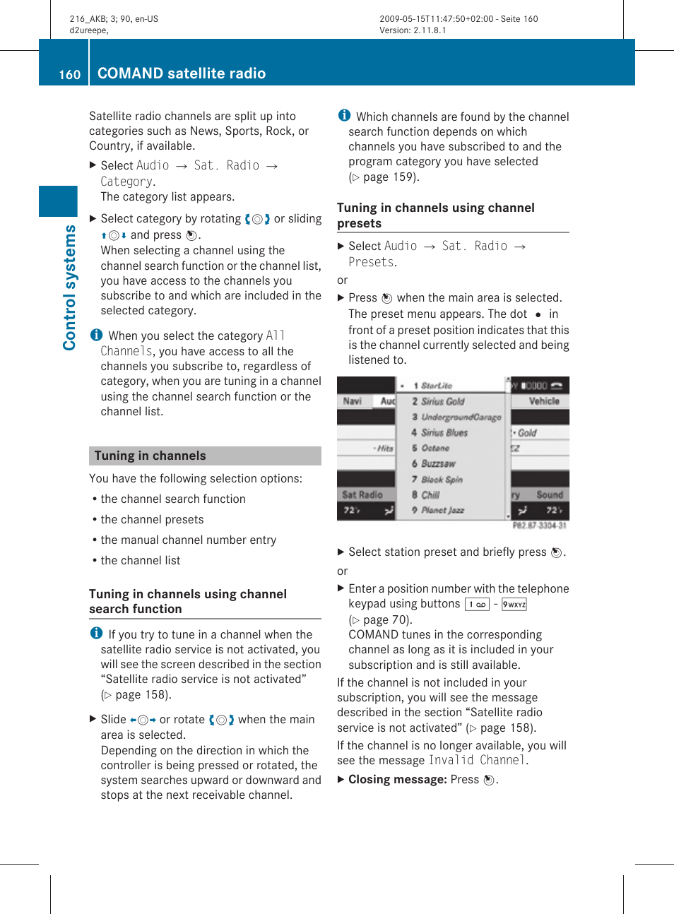 Tuning in channels, Control systems, Comand satellite radio | Mercedes-Benz 2010 CL Class User Manual | Page 162 / 500