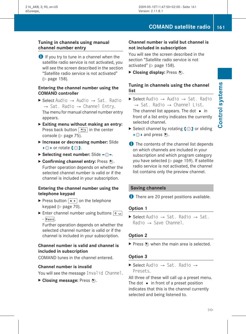 Saving channels, Control systems, Comand satellite radio | Mercedes-Benz 2010 CL Class User Manual | Page 163 / 500