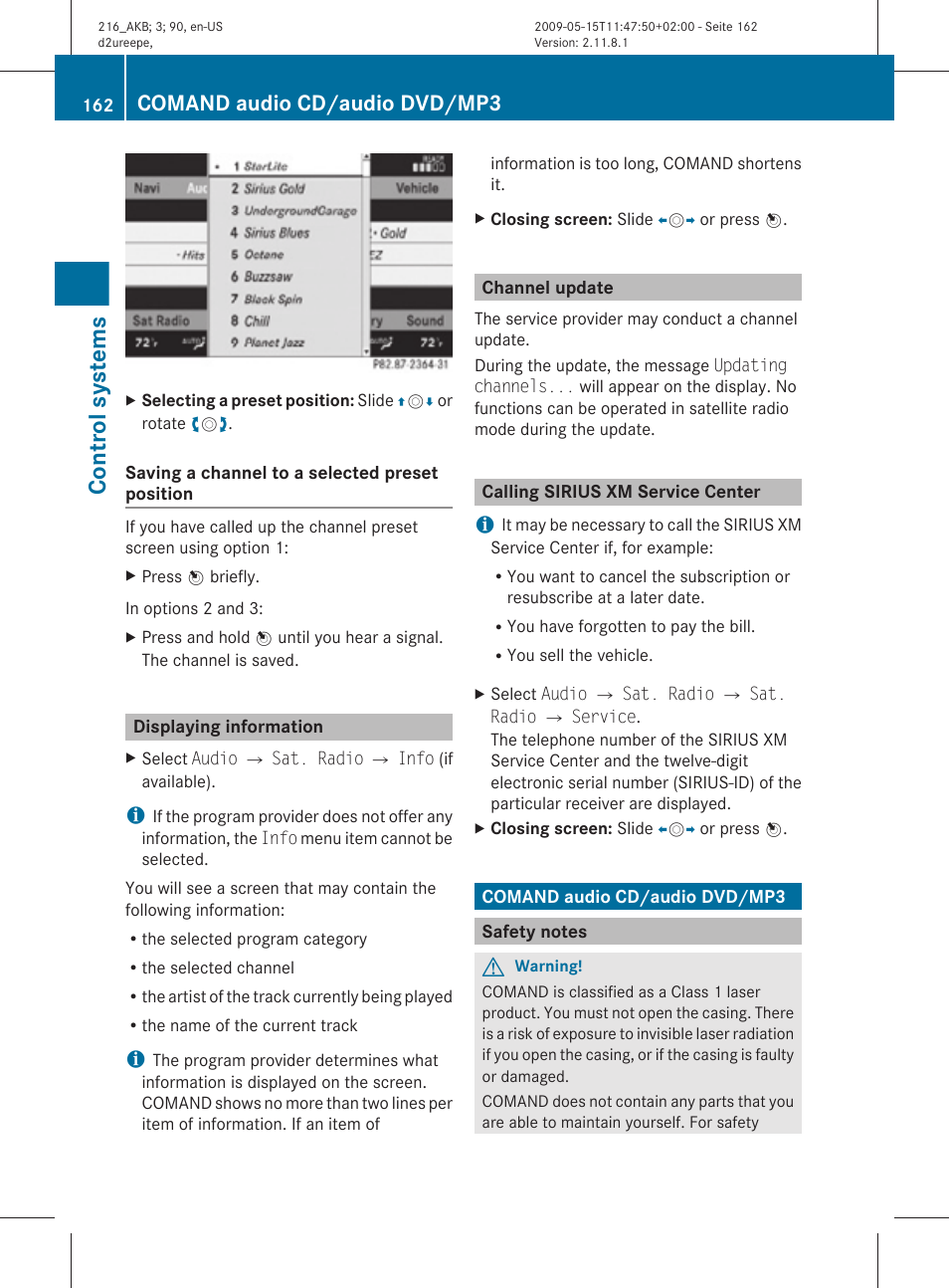 Displaying information, Channel update, Calling sirius xm service center | Comand audio cd/audio dvd/mp3, Safety notes, Control systems | Mercedes-Benz 2010 CL Class User Manual | Page 164 / 500