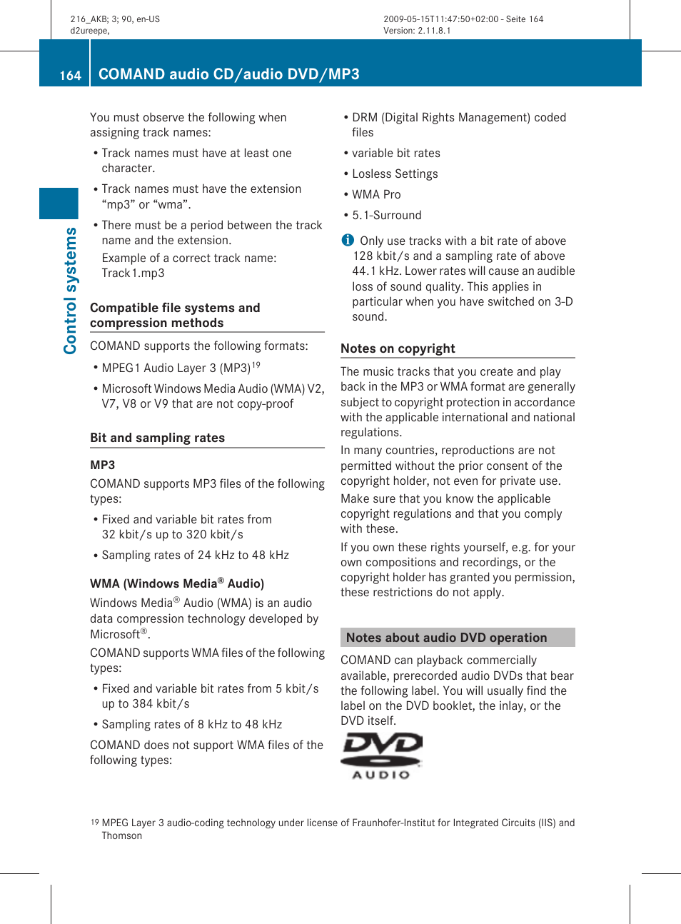 Notes about audio dvd operation, Control systems, Comand audio cd/audio dvd/mp3 | Mercedes-Benz 2010 CL Class User Manual | Page 166 / 500