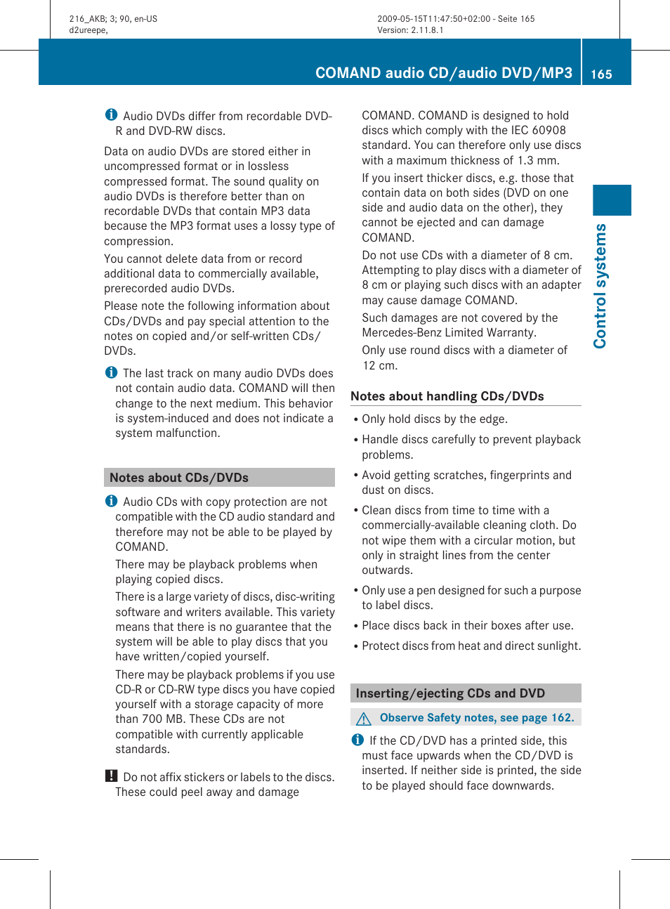 Notes about cds/dvds, Inserting/ejecting cds and dvd, Load a cd/dvd | Load a dvd, Notes about handling dvds, Changer, Control systems, Comand audio cd/audio dvd/mp3 | Mercedes-Benz 2010 CL Class User Manual | Page 167 / 500