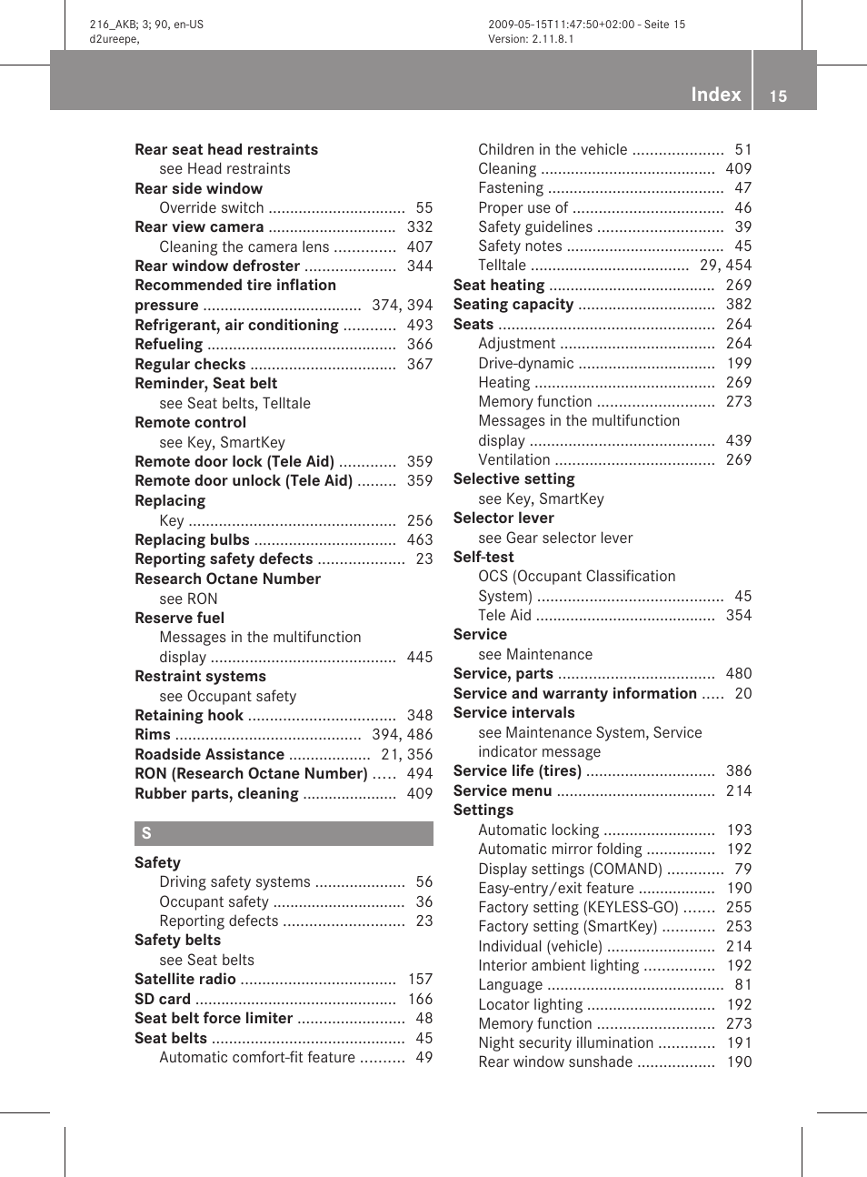 Index | Mercedes-Benz 2010 CL Class User Manual | Page 17 / 500