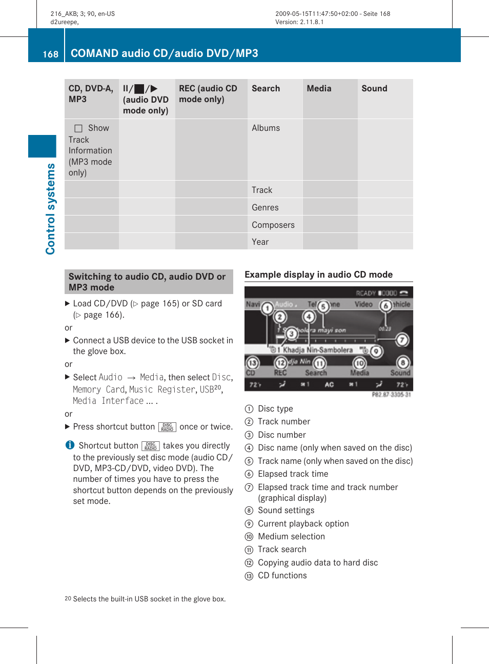 Switching to audio cd, audio dvd or mp3 mode, Control systems, Comand audio cd/audio dvd/mp3 | Mercedes-Benz 2010 CL Class User Manual | Page 170 / 500