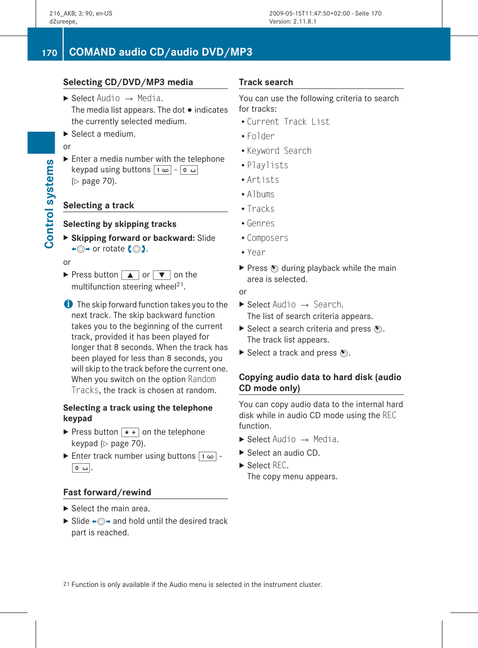 Changer, Mode, Control systems | Comand audio cd/audio dvd/mp3 | Mercedes-Benz 2010 CL Class User Manual | Page 172 / 500