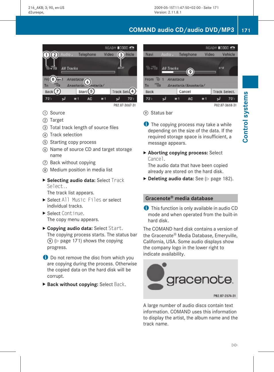 Gracenote® media database, Control systems, Comand audio cd/audio dvd/mp3 | Mercedes-Benz 2010 CL Class User Manual | Page 173 / 500