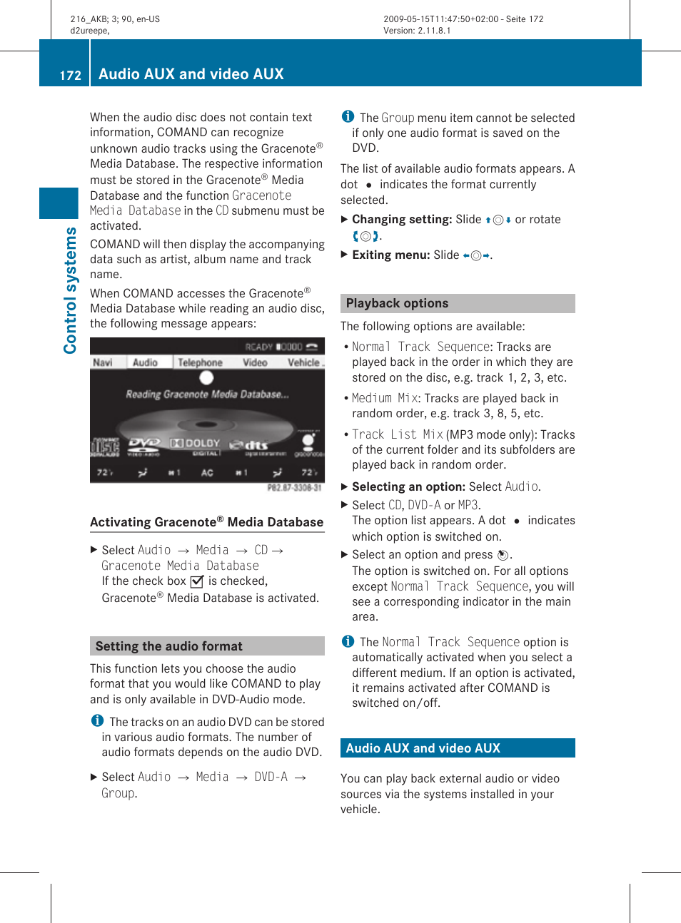 Setting the audio format, Playback options, Audio aux and video aux | Control systems | Mercedes-Benz 2010 CL Class User Manual | Page 174 / 500