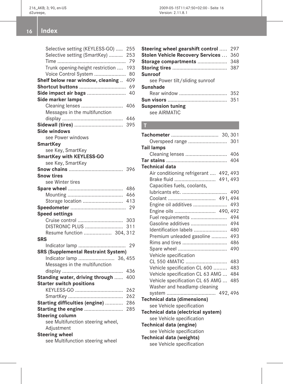 Index | Mercedes-Benz 2010 CL Class User Manual | Page 18 / 500