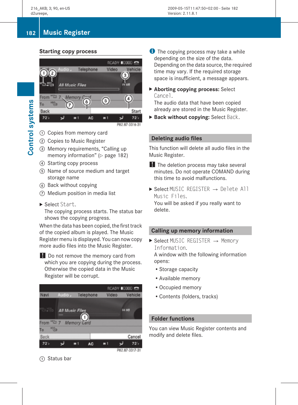 Deleting audio files, Calling up memory information, Folder functions | Control systems, Music register | Mercedes-Benz 2010 CL Class User Manual | Page 184 / 500