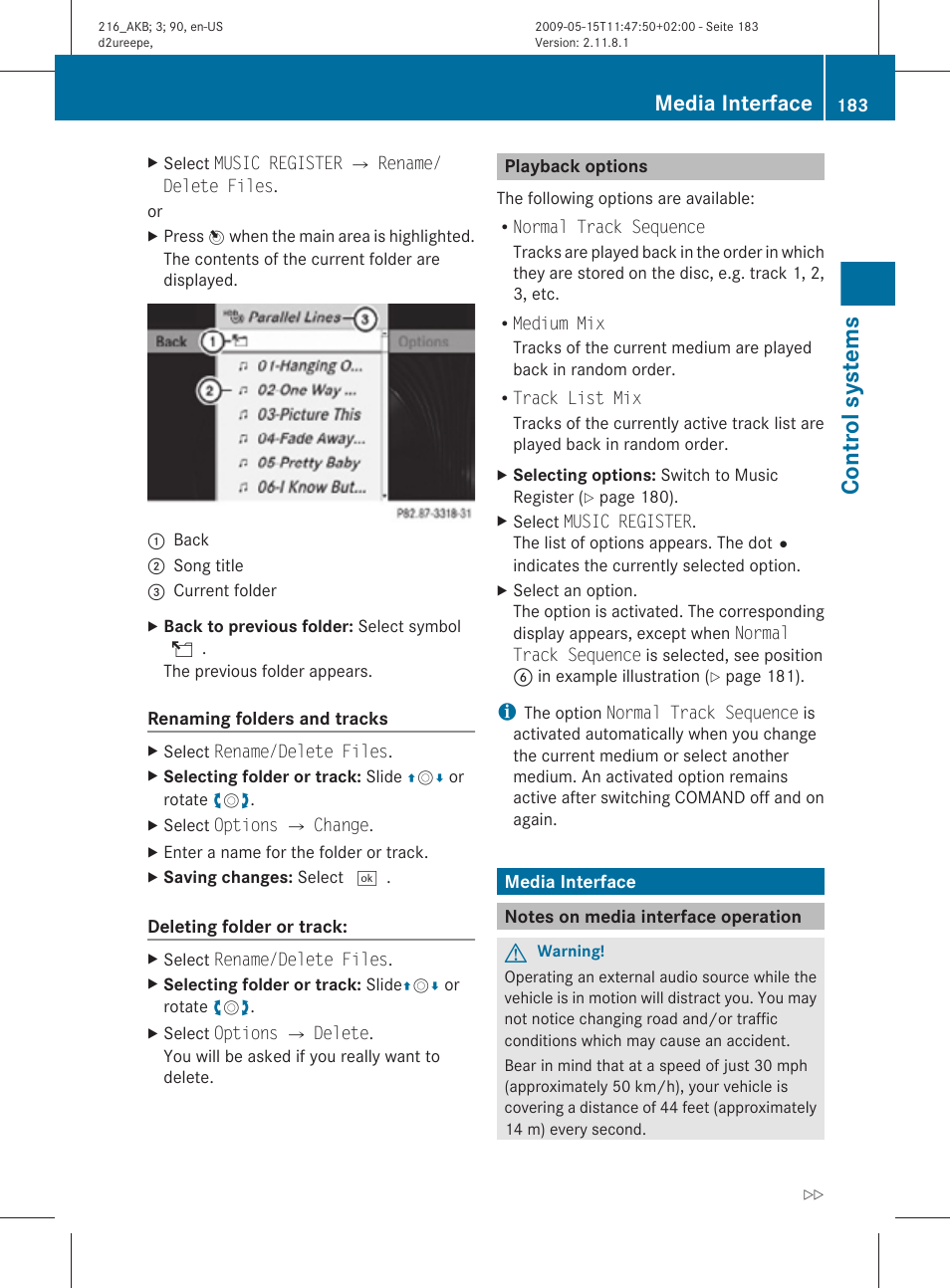 Playback options, Media interface, Notes on media interface operation | Interface, see, Control systems | Mercedes-Benz 2010 CL Class User Manual | Page 185 / 500