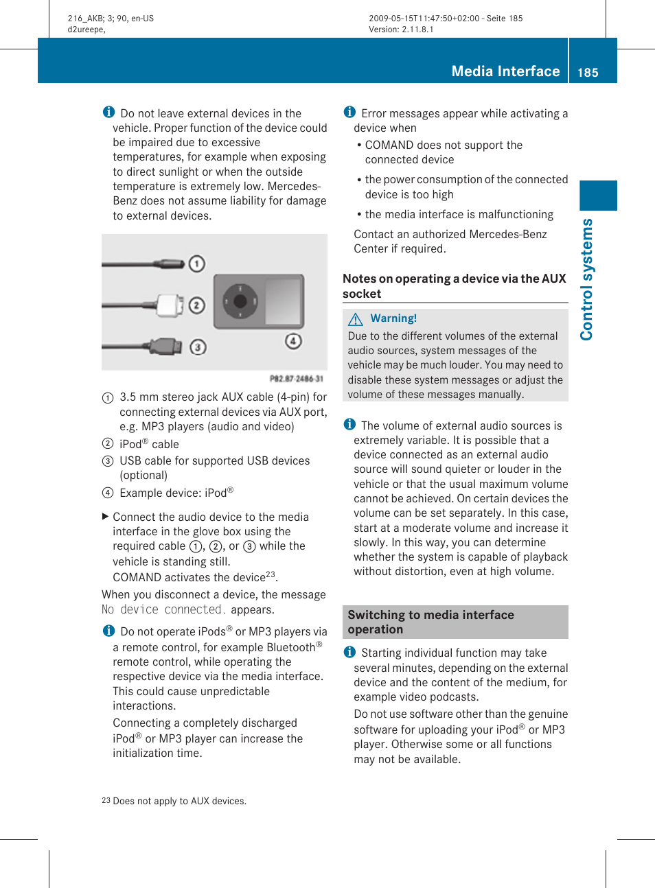 Switching to media interface operation, Control systems, Media interface | Mercedes-Benz 2010 CL Class User Manual | Page 187 / 500