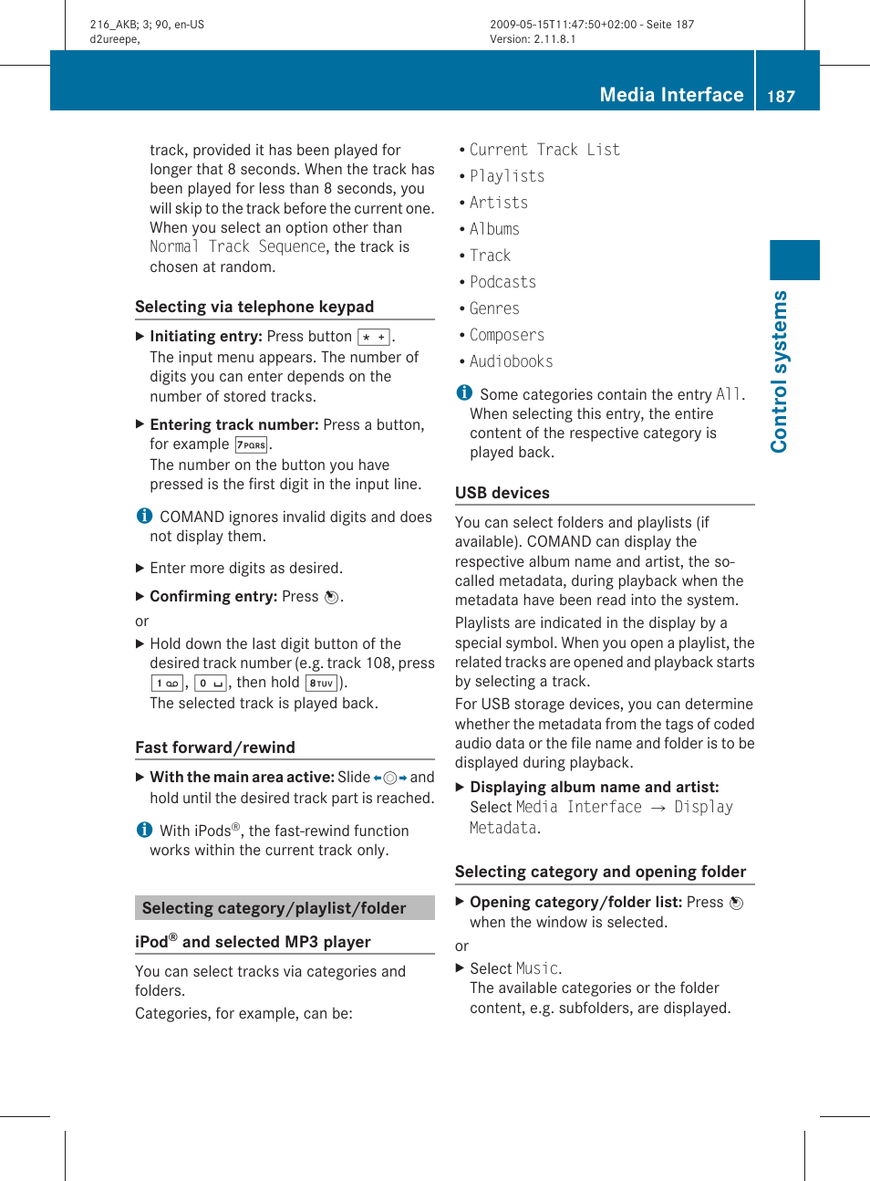 Selecting category/playlist/folder, Interface, Control systems | Media interface | Mercedes-Benz 2010 CL Class User Manual | Page 189 / 500