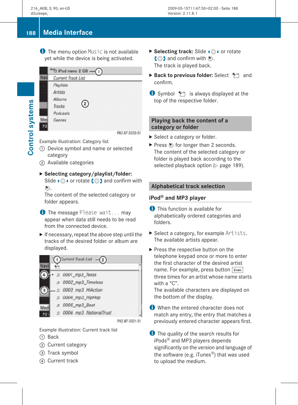 Playing back the content of a category or folder, Alphabetical track selection, Control systems | Media interface | Mercedes-Benz 2010 CL Class User Manual | Page 190 / 500